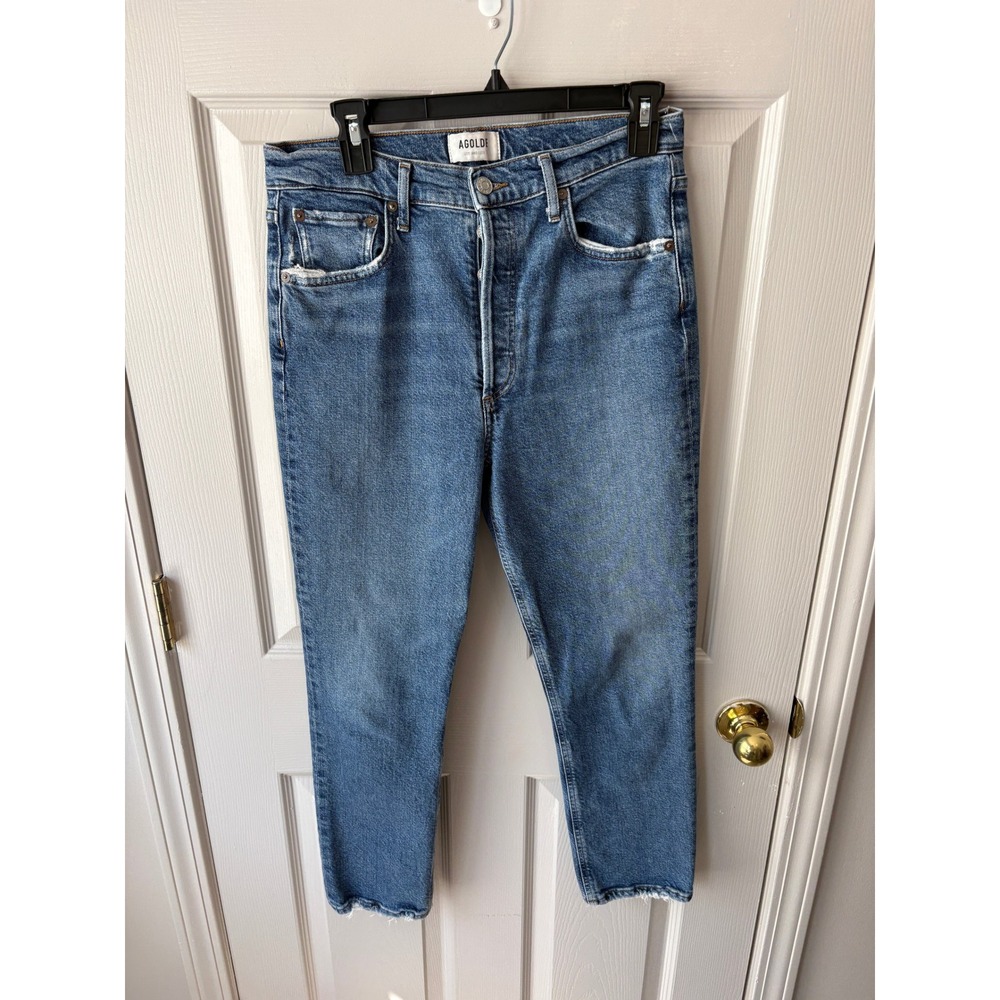 AGOLDE Riley Jeans Womens 29 Blue High Rise Straight Leg Distressed Raw Hem